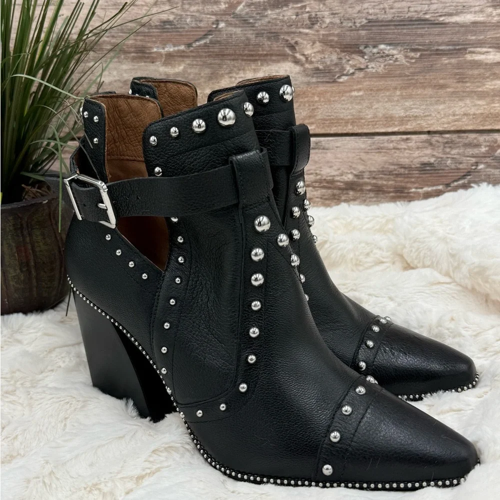 Antonio Melani Black Leather Block Heel Studded Ankle Boots with Buckle closure - Picture 3 of 16